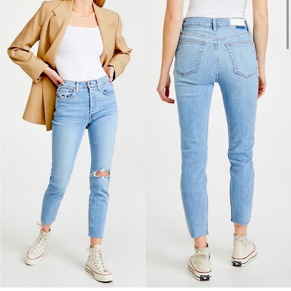 RE/Done 90’s High Rise Ankle Crop Distressed Jeans in Worn Bright Blue - Picture 1 of 14